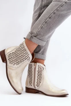 Damskie Zazoo 2791 Skórzane Ażurowe Botki Złote