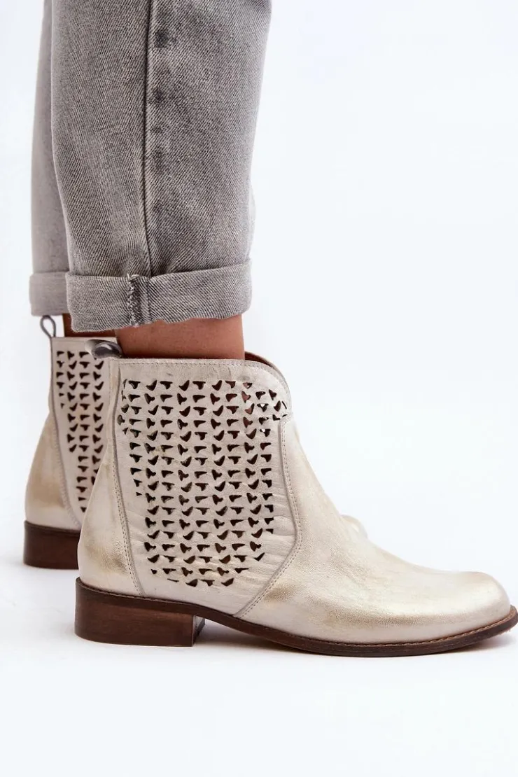 Damskie Zazoo 2791 Skórzane Ażurowe Botki Złote