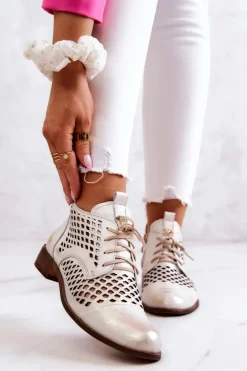 Hot Zazoo 2704 Skórzane Ażurowe Botki Biało-Złote