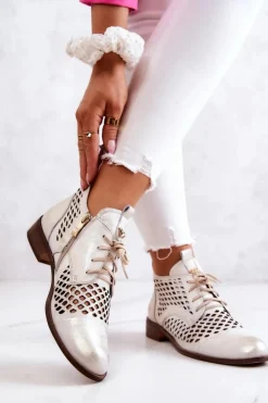 Hot Zazoo 2704 Skórzane Ażurowe Botki Biało-Złote