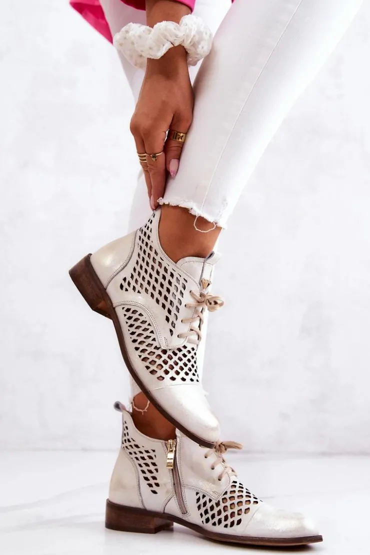 Hot Zazoo 2704 Skórzane Ażurowe Botki Biało-Złote