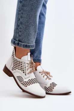 Zazoo 2704 Skórzane Ażurowe Botki Białe Biały