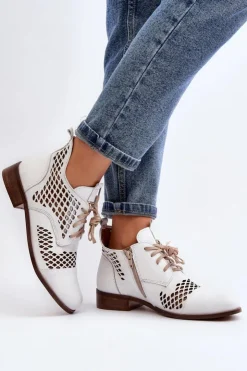 Zazoo 2704 Skórzane Ażurowe Botki Białe Biały