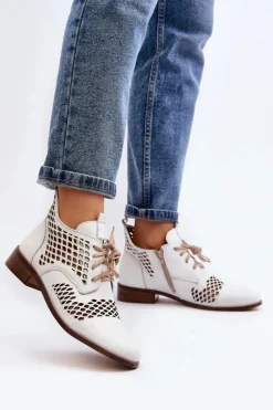 Zazoo 2704 Skórzane Ażurowe Botki Białe Biały