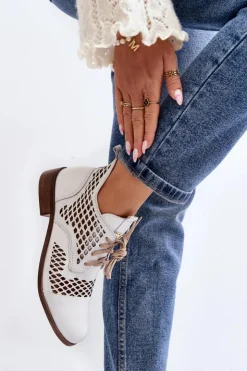 Zazoo 2704 Skórzane Ażurowe Botki Białe Biały