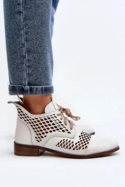 Zazoo 2704 Skórzane Ażurowe Botki Białe Biały