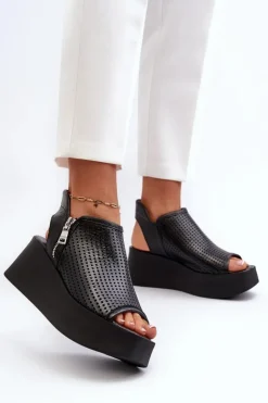 Zazoo Sandały Ażurowe|Sandały Na Obcasie*1792 Skórzane Ażurowe Sandały Na Koturnie Czarne