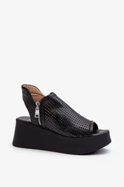 Zazoo Sandały Ażurowe|Sandały Na Obcasie*1792 Skórzane Ażurowe Sandały Na Koturnie Czarne