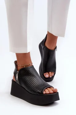 Zazoo Sandały Ażurowe|Sandały Na Obcasie*1792 Skórzane Ażurowe Sandały Na Koturnie Czarne