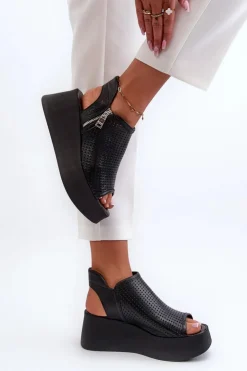 Zazoo Sandały Ażurowe|Sandały Na Obcasie*1792 Skórzane Ażurowe Sandały Na Koturnie Czarne