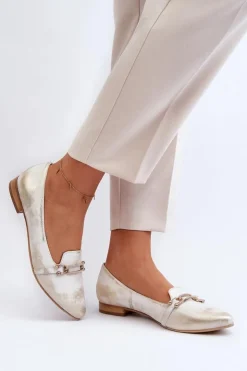 Damskie Zazoo 2885 Skórzane Baleriny Z Ozdobą Złoto-Białe