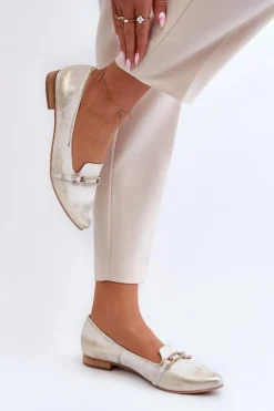 Damskie Zazoo 2885 Skórzane Baleriny Z Ozdobą Złoto-Białe