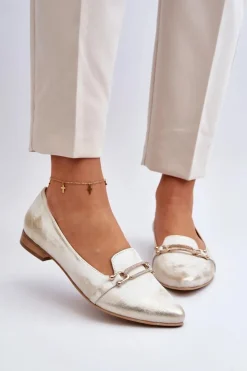 Damskie Zazoo 2885 Skórzane Baleriny Z Ozdobą Złoto-Białe