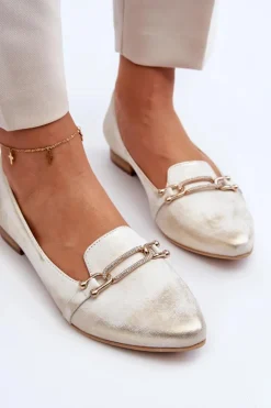 Damskie Zazoo 2885 Skórzane Baleriny Z Ozdobą Złoto-Białe