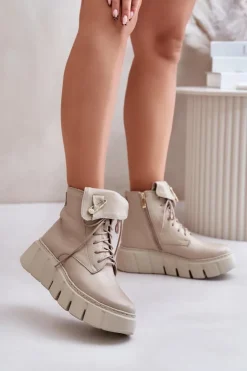 Online Zazoo 60511 Skórzane Botki Damskie Na Platformie Ocieplane Beżowe Beżowy