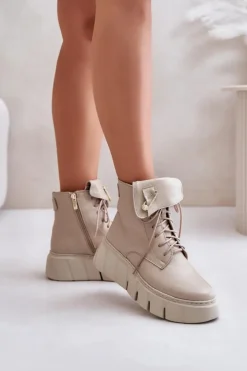 Online Zazoo 60511 Skórzane Botki Damskie Na Platformie Ocieplane Beżowe Beżowy