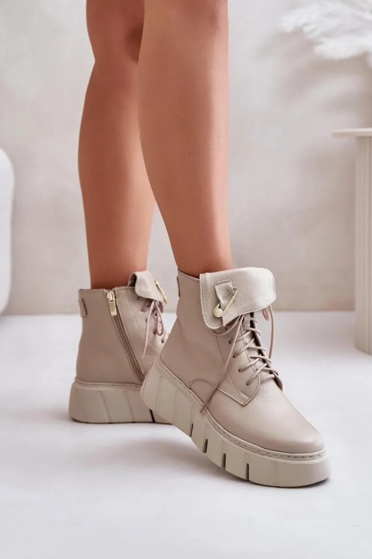 Online Zazoo 60511 Skórzane Botki Damskie Na Platformie Ocieplane Beżowe Beżowy