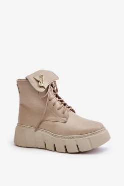 Online Zazoo 60511 Skórzane Botki Damskie Na Platformie Ocieplane Beżowe Beżowy