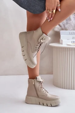 Online Zazoo 60511 Skórzane Botki Damskie Na Platformie Ocieplane Beżowe Beżowy