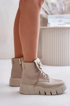 Online Zazoo 60511 Skórzane Botki Damskie Na Platformie Ocieplane Beżowe Beżowy