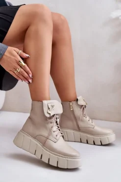 Online Zazoo 60511 Skórzane Botki Damskie Na Platformie Ocieplane Beżowe Beżowy