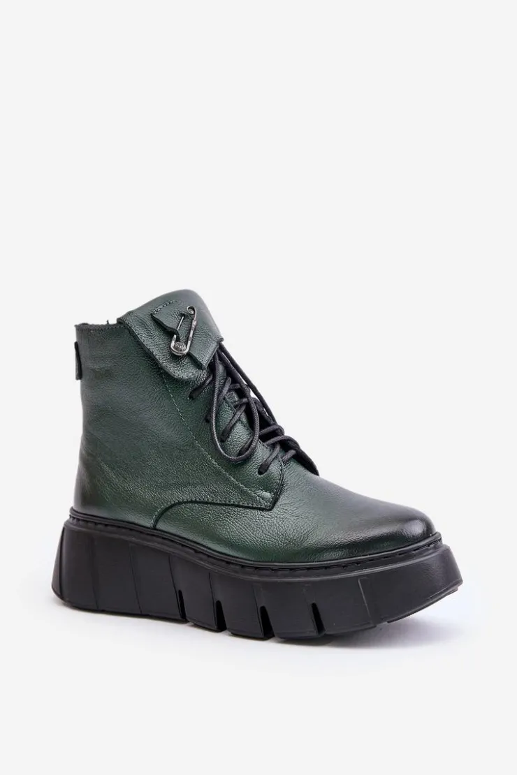 Damskie Zazoo 60511 Skórzane Botki Damskie Na Platformie Ocieplane Ciemnozielone