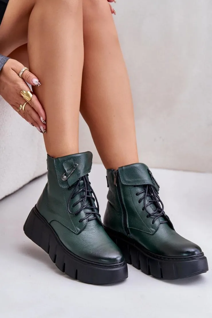 Damskie Zazoo 60511 Skórzane Botki Damskie Na Platformie Ocieplane Ciemnozielone