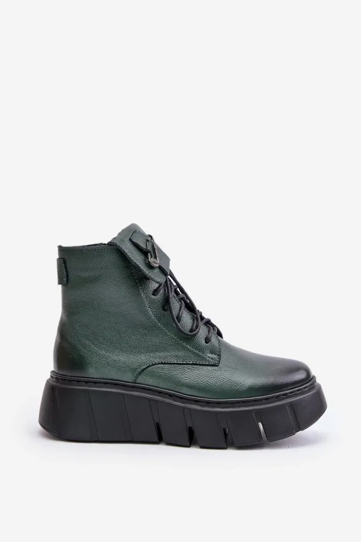 Damskie Zazoo 60511 Skórzane Botki Damskie Na Platformie Ocieplane Ciemnozielone