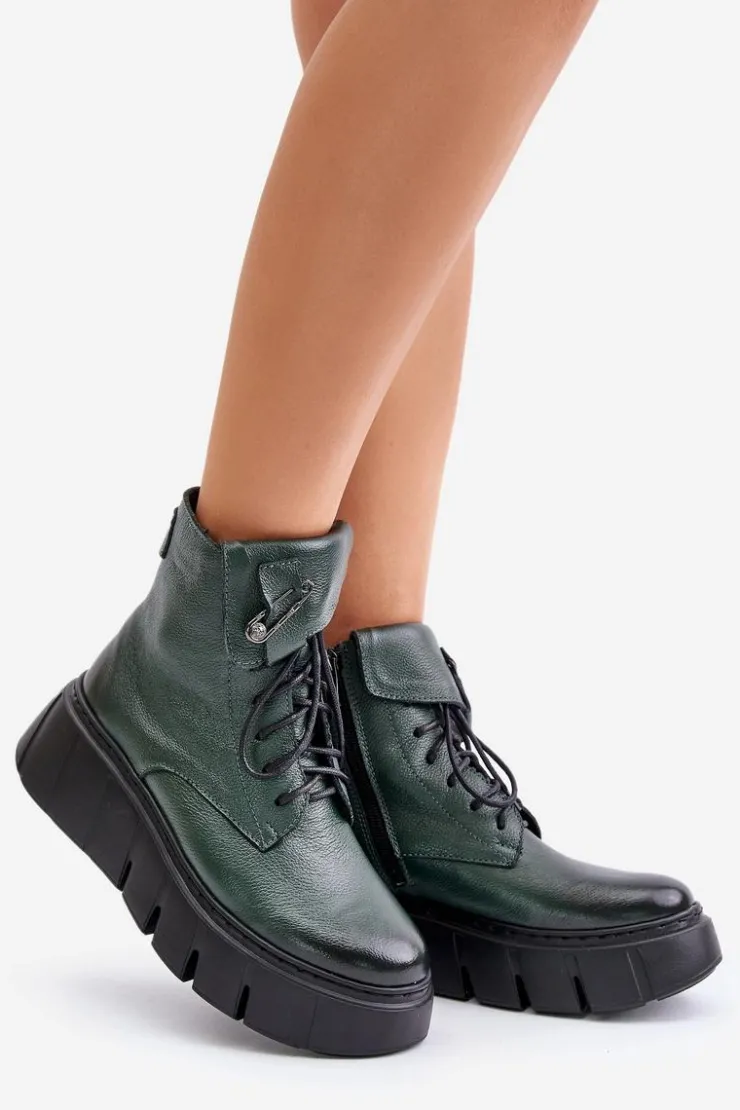 Damskie Zazoo 60511 Skórzane Botki Damskie Na Platformie Ocieplane Ciemnozielone