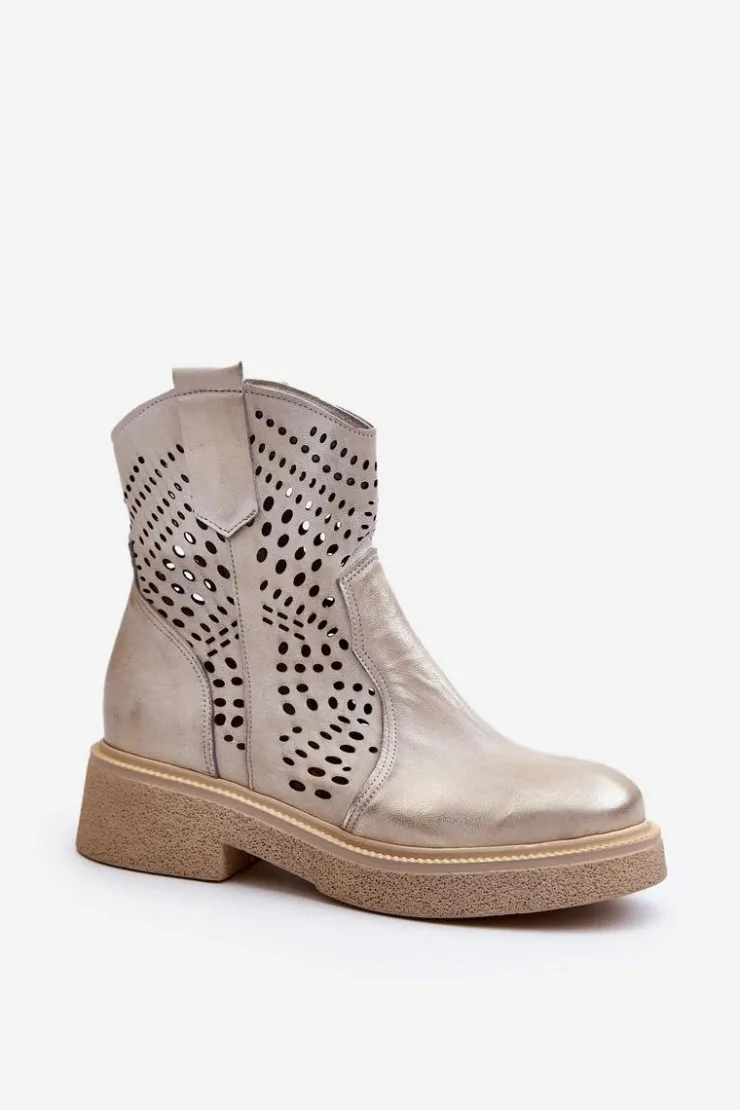 Damskie Zazoo 3470 Skórzane Botki Damskie Na Płaskim Obcasie Ażurowe Złote Przecierane
