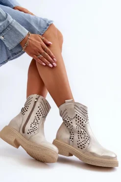 Damskie Zazoo 3470 Skórzane Botki Damskie Na Płaskim Obcasie Ażurowe Złote Przecierane