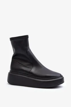 Damskie Zazoo 3395 Skórzane Botki Damskie Na Masywnej Platformie Czarne