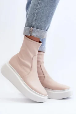 Zazoo Botki Wiosenne|Botki Skórzane*3395 Skórzane Botki Damskie Na Masywnej Platformie Beżowe