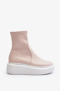 Zazoo Botki Wiosenne|Botki Skórzane*3395 Skórzane Botki Damskie Na Masywnej Platformie Beżowe