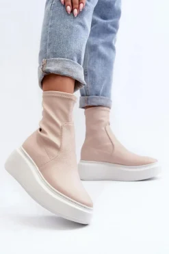 Zazoo Botki Wiosenne|Botki Skórzane*3395 Skórzane Botki Damskie Na Masywnej Platformie Beżowe