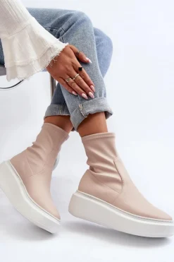 Zazoo Botki Wiosenne|Botki Skórzane*3395 Skórzane Botki Damskie Na Masywnej Platformie Beżowe