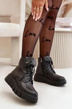 Online Zazoo 60511 Skórzane Botki Damskie Na Platformie Ocieplane Czarne