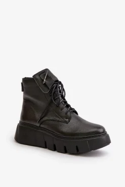 Online Zazoo 60511 Skórzane Botki Damskie Na Platformie Ocieplane Czarne