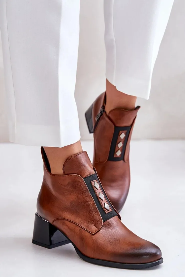 Zazoo 60504 Skórzane Botki Na Klocku Ocieplane Brązowe