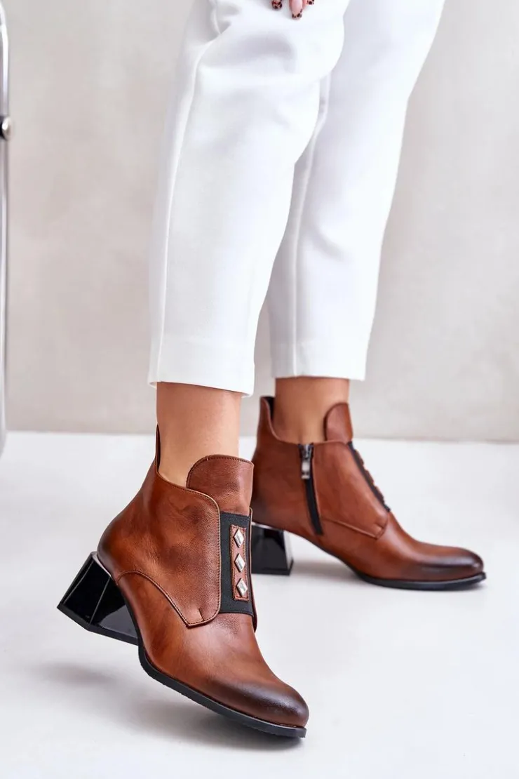 Zazoo 60504 Skórzane Botki Na Klocku Ocieplane Brązowe