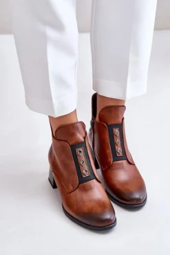 Zazoo 60504 Skórzane Botki Na Klocku Ocieplane Brązowe