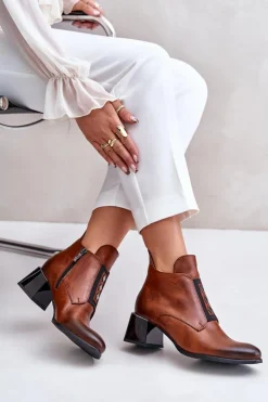 Zazoo 60504 Skórzane Botki Na Klocku Ocieplane Brązowe