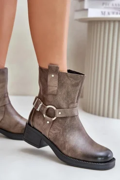 Damskie Zazoo 60480 Skórzane Botki Na Niskim Obcasie Ocieplane Brązowo-Szare