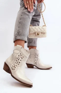 Online Zazoo 2870 Skórzane Botki Na Niskim Obcasie Ażurowe Srebrne Srebrny