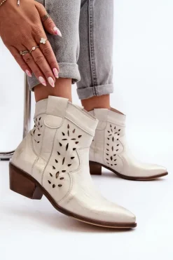 Online Zazoo 2870 Skórzane Botki Na Niskim Obcasie Ażurowe Srebrne Srebrny