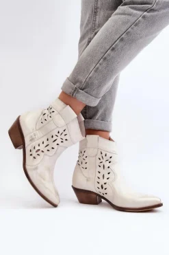 Online Zazoo 2870 Skórzane Botki Na Niskim Obcasie Ażurowe Srebrne Srebrny