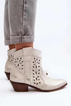 Online Zazoo 2870 Skórzane Botki Na Niskim Obcasie Ażurowe Srebrne Srebrny