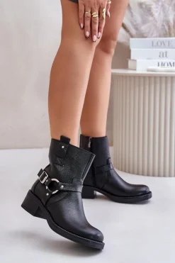 Discount Zazoo 60480 Skórzane Botki Na Niskim Obcasie Ocieplane Czarne Czarny