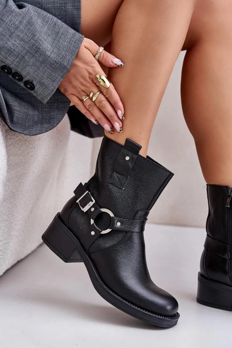 Discount Zazoo 60480 Skórzane Botki Na Niskim Obcasie Ocieplane Czarne Czarny