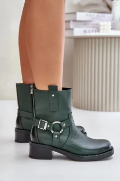 Zazoo Botki Ocieplane|Botki Na Obcasie*60480 Skórzane Botki Na Niskim Obcasie Ocieplane Ciemnozielone Zielony